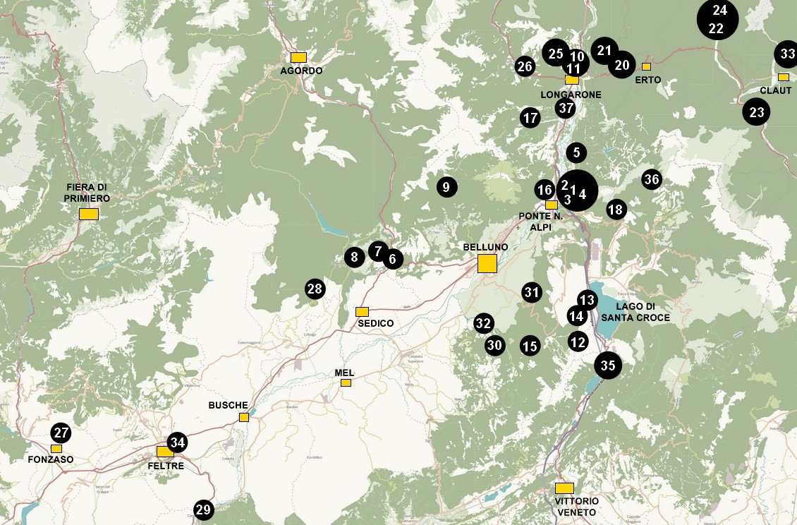 Cartina falesie e aree boulder presenti nella guida alle falesie di Belluno, Alpago, Val Cellina, Feltrino, Valle del Piave