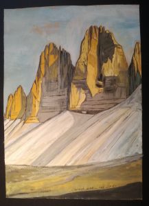 Quadro a tempera su carta di Luca Bridda: Tre CIME di Lavaredo. Disegni e dipinti di paesaggi montani di Luca Bridda