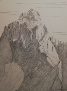 Paesaggio delle Alpi Giulie di Luca Bridda, disegno su carta: Jof di Montasio, Dogna. Dipinti e disegni di Luca Bridda