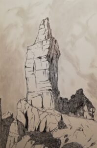 Paesaggio delle Dolomiti di Luca Bridda, disegno su carta: Campanile di Val Montanaia. Dipinti e disegni di Luca Bridda