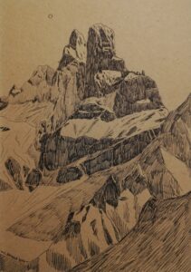 Paesaggio delle Dolomiti di Luca Bridda, disegno su carta: Cima della Madonna e Sass Maor. Dipinti e disegni di Luca Bridda