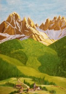 Quadro a tempera su carta di Luca Bridda: Le Odle e Val di Funes. Disegni e dipinti di paesaggi montani di Luca Bridda