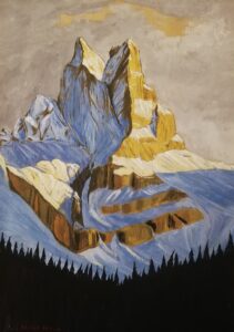 Paesaggio delle Dolomiti di Luca Bridda, quadro tempera su carta: Cima della Madonna e Sass Maor. Dipinti e disegni di Luca Bridda