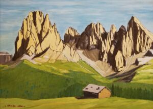 Quadro a tempera su carta di Luca Bridda: il Sassolungo. Disegni e dipinti di paesaggi montani di Luca Bridda
