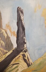 Paesaggio delle Dolomiti di Luca Bridda, quadro tempera su carta: Gusela del Vescovà, gruppo Schiara.