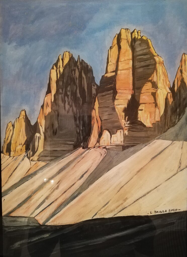 Tre Cime di Lavaredo, paesaggio di Luca Bridda, Dolomiti, tempera su carta.