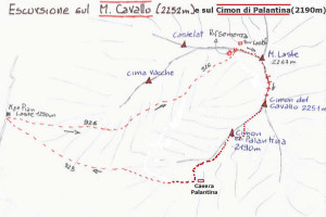 Monte Cavallo (2251 m) e Cimon di Palantina (2190 m) - via normale di salita, piantina