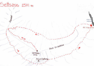 Settsass, itinerario della via normale alla cima: mappa